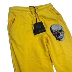 NEW Salvatore Galliano Verona Yellow Skull Rhinestone Jogger Sweatpants Mens M